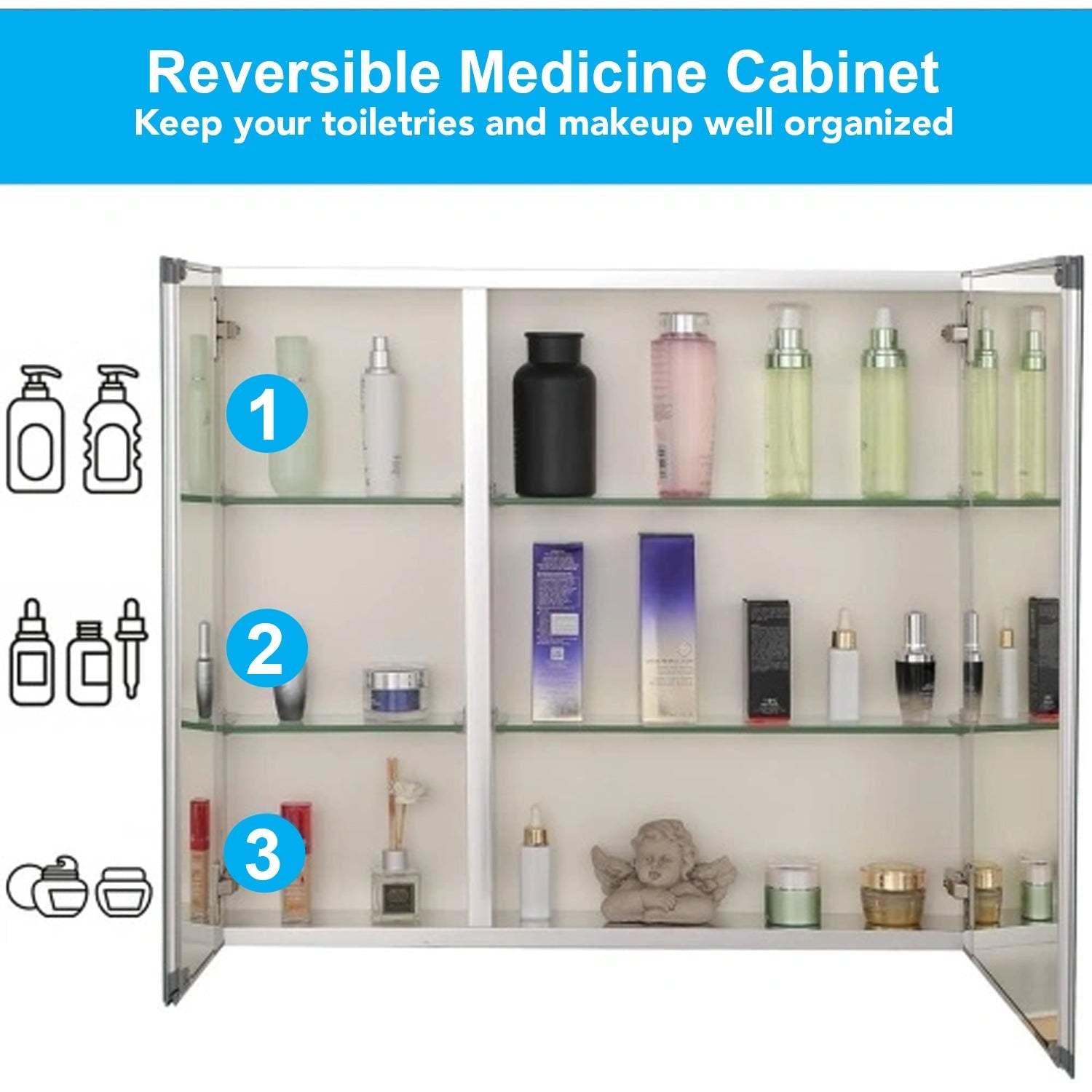 Frameless Medicine Cabinet - 30 x 26 Inches, Double-Sided Mirror, 2 Doors