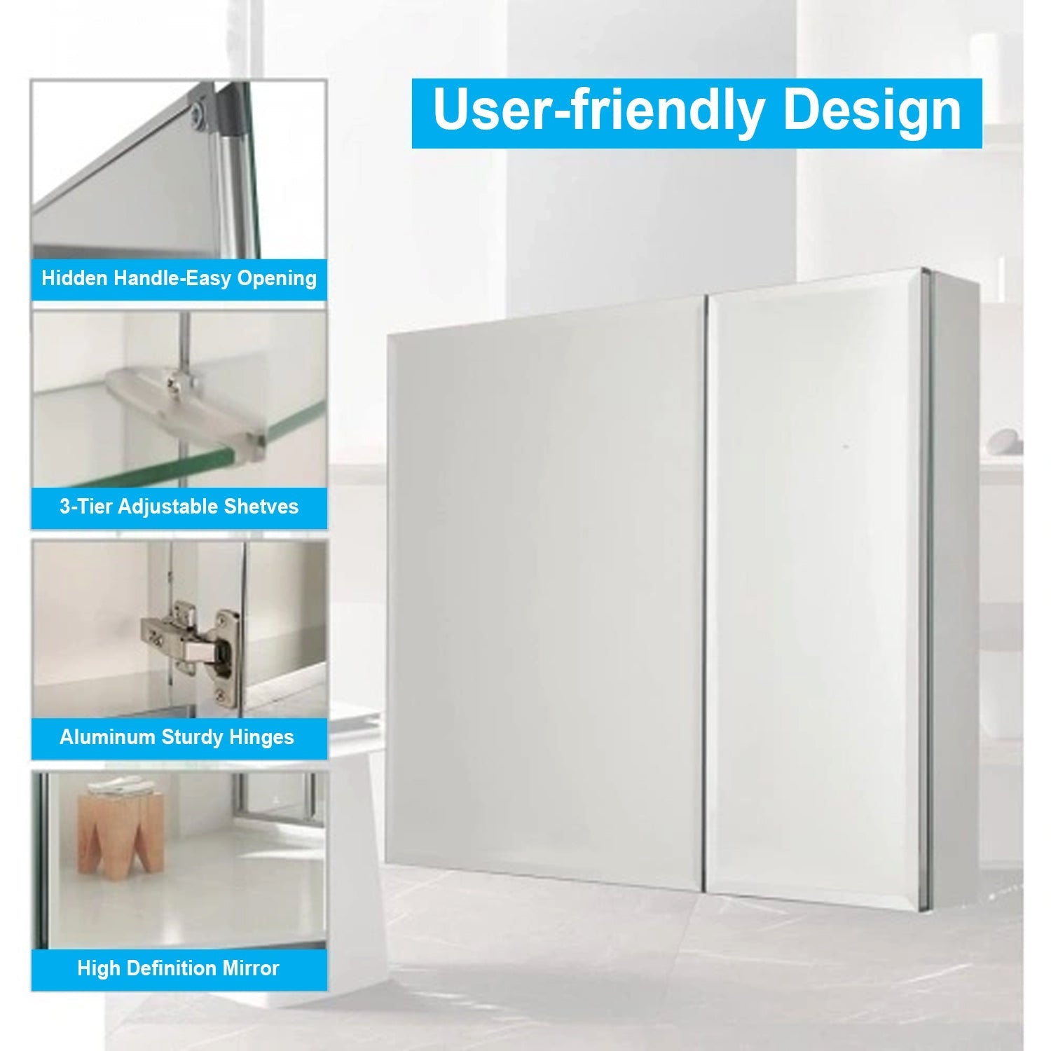 Frameless Medicine Cabinet - 30 x 26 Inches, Double-Sided Mirror, 2 Doors